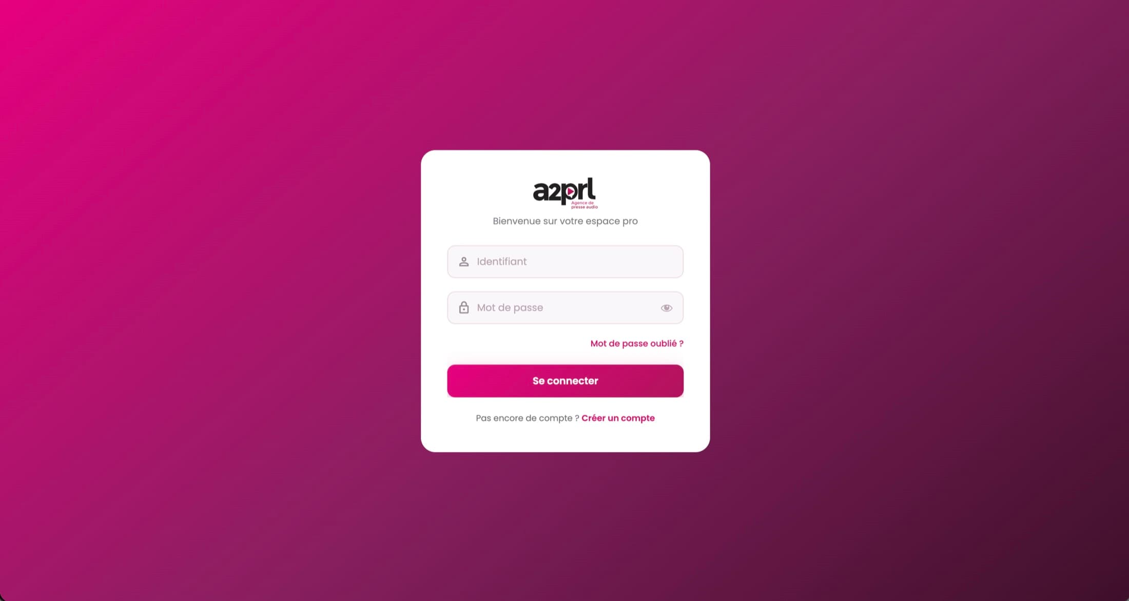 Écran de connexion de l’espace pro A2PRL : identifiant, mot de passe et création de compte