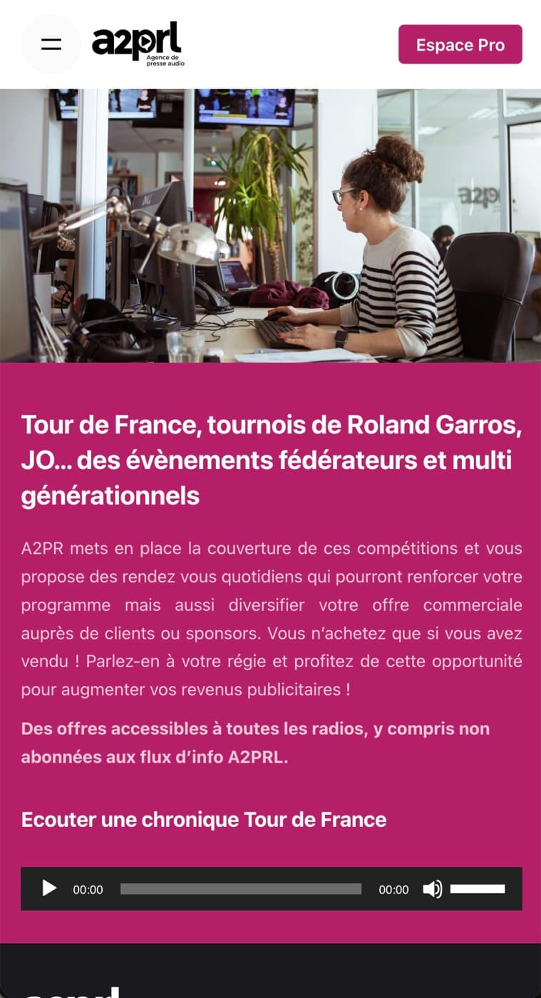 Page mobile A2PRL sur les événements sportifs, avec lecteur audio pour écouter une chronique Tour de France