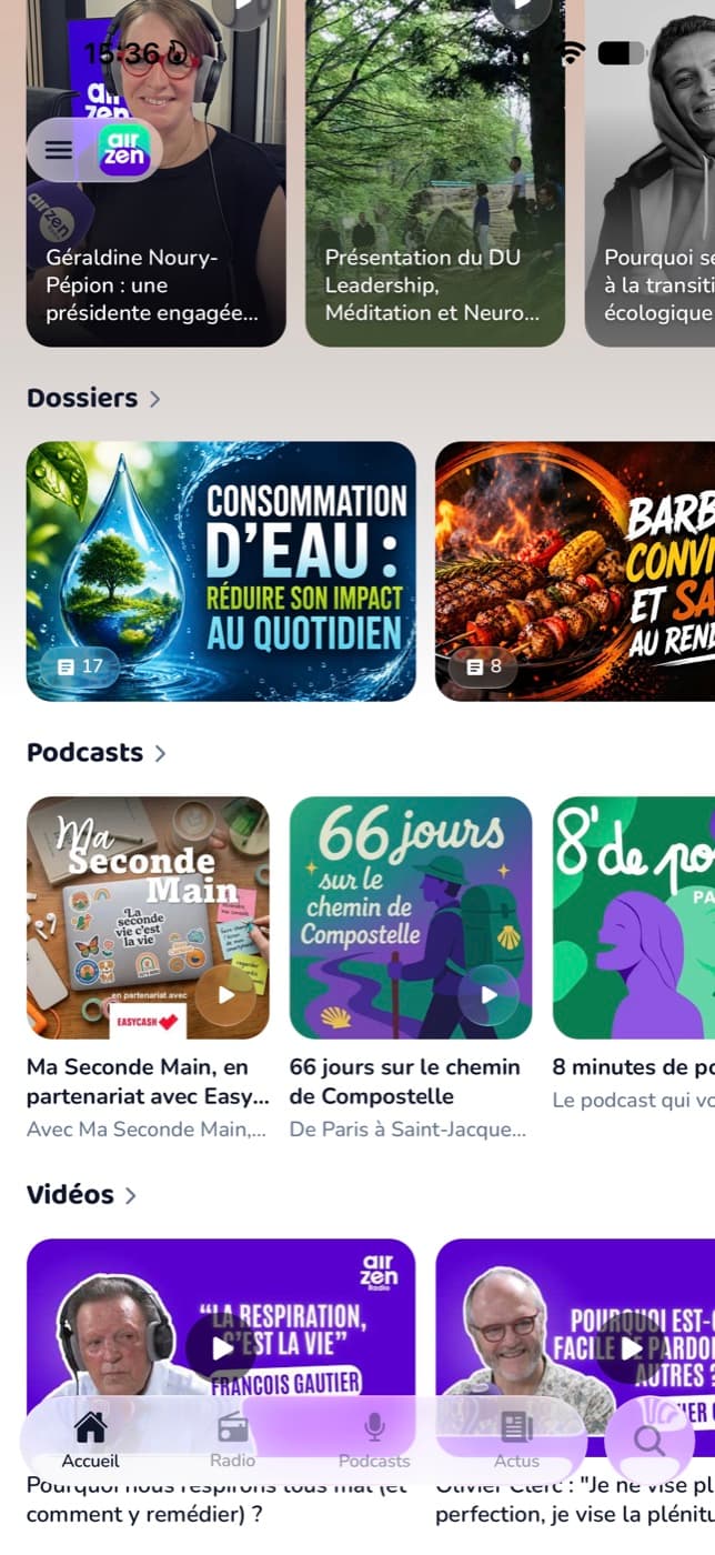 Écran d’accueil de l’application mobile AirZen : dossiers, podcasts et vidéos