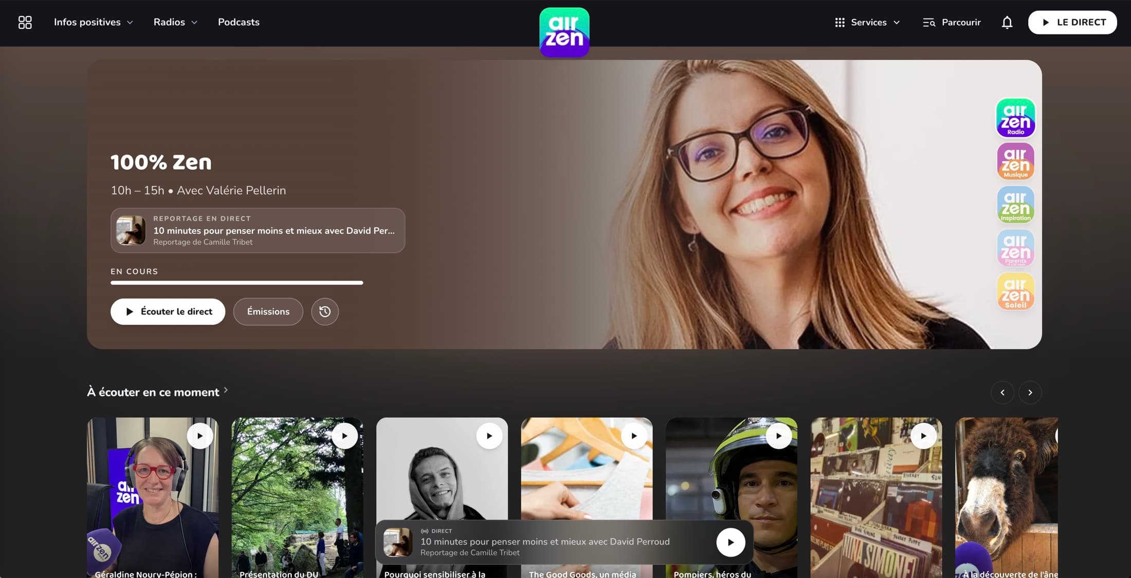 Page d’accueil AirZen Radio en thème sombre : émission en cours, sélection à écouter, webradios