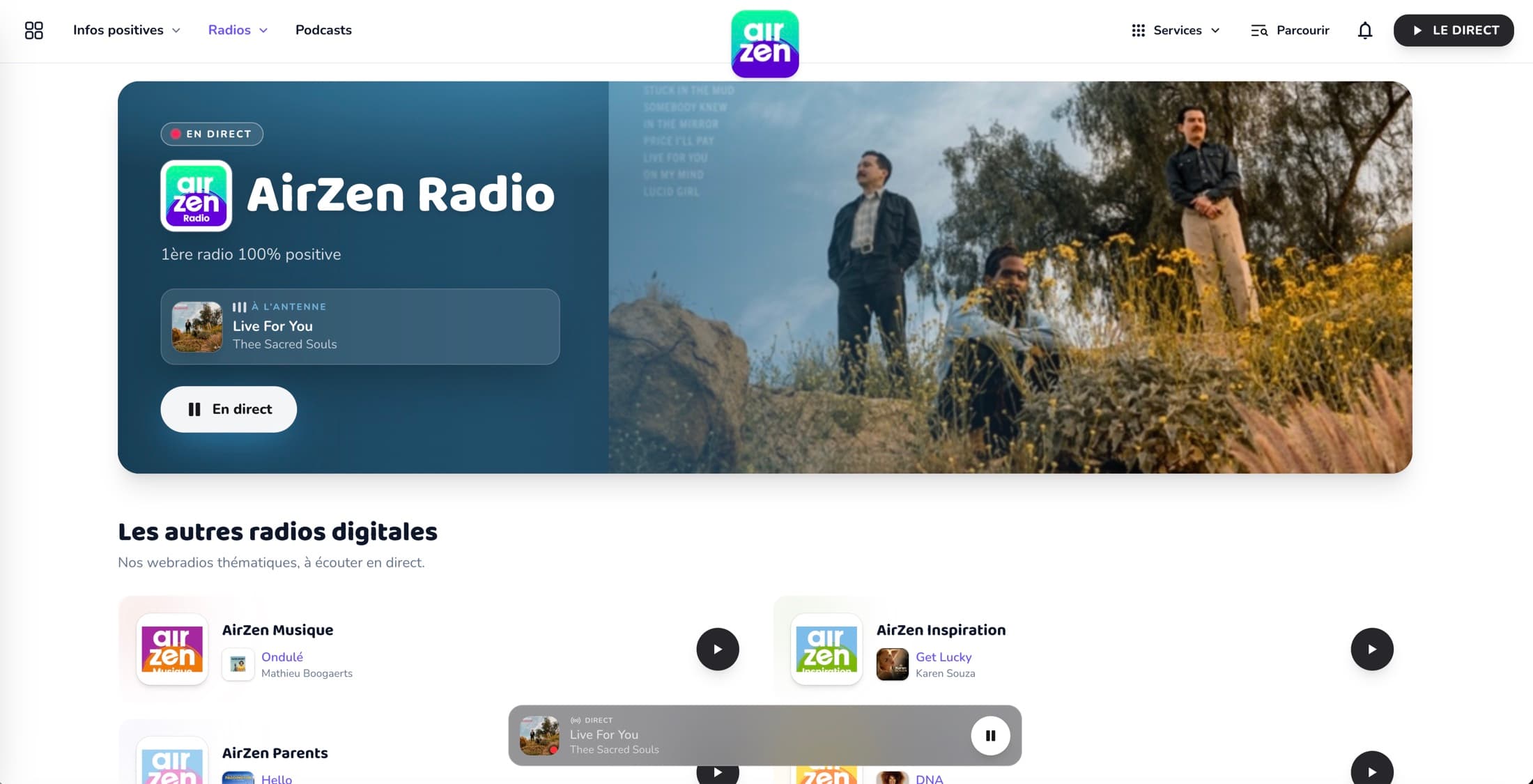 Page Radios d’AirZen : direct de l’antenne principale et webradios thématiques Musique, Inspiration, Parents, Soleil
