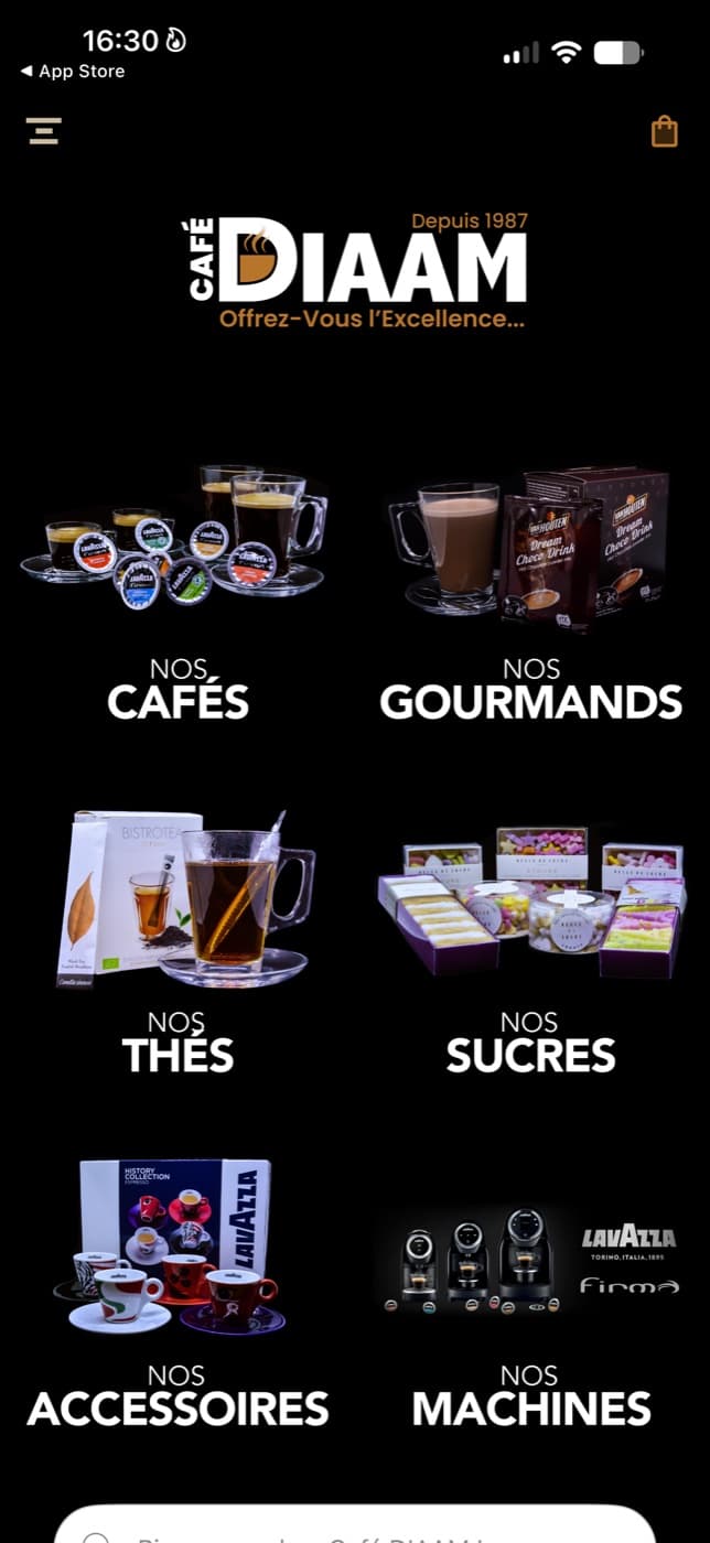 Accueil de l’application Café DIAAM : nos cafés, gourmands, thés, sucres, accessoires et machines