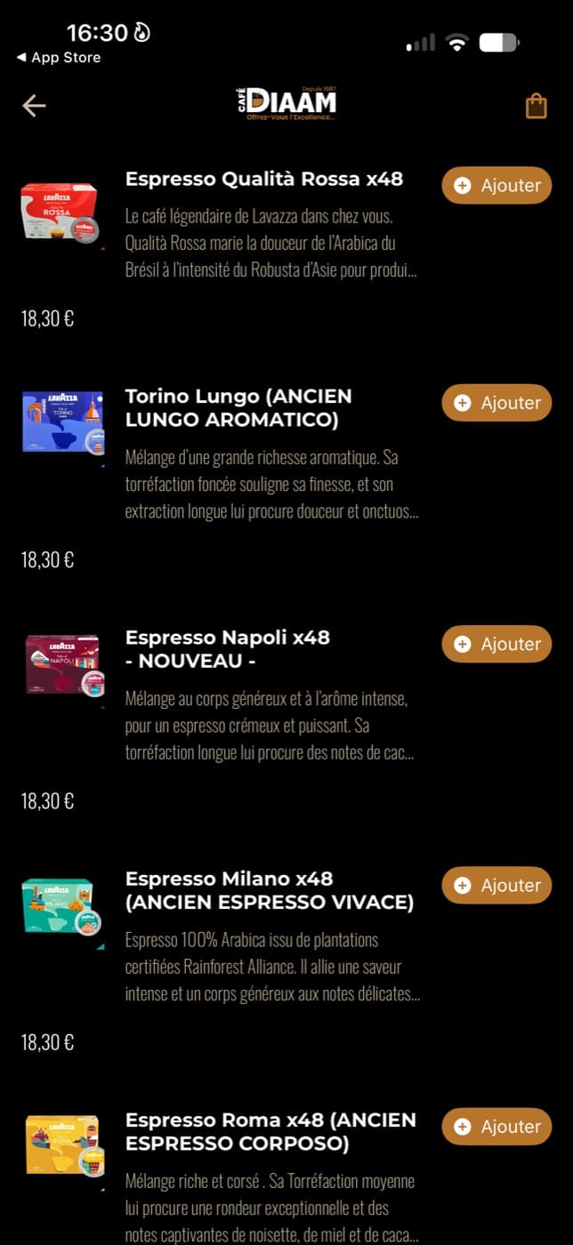 Liste des cafés avec descriptions et prix