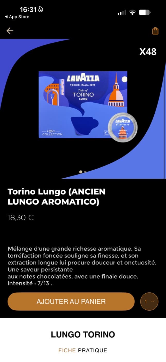 Fiche produit Torino Lungo dans l’application Café DIAAM : prix, description, intensité et ajout au panier