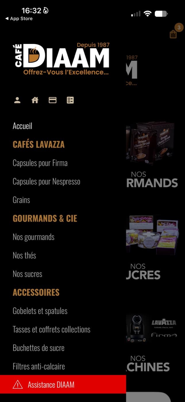 Menu de navigation Café DIAAM : cafés Lavazza, gourmands, thés, sucres, accessoires et assistance