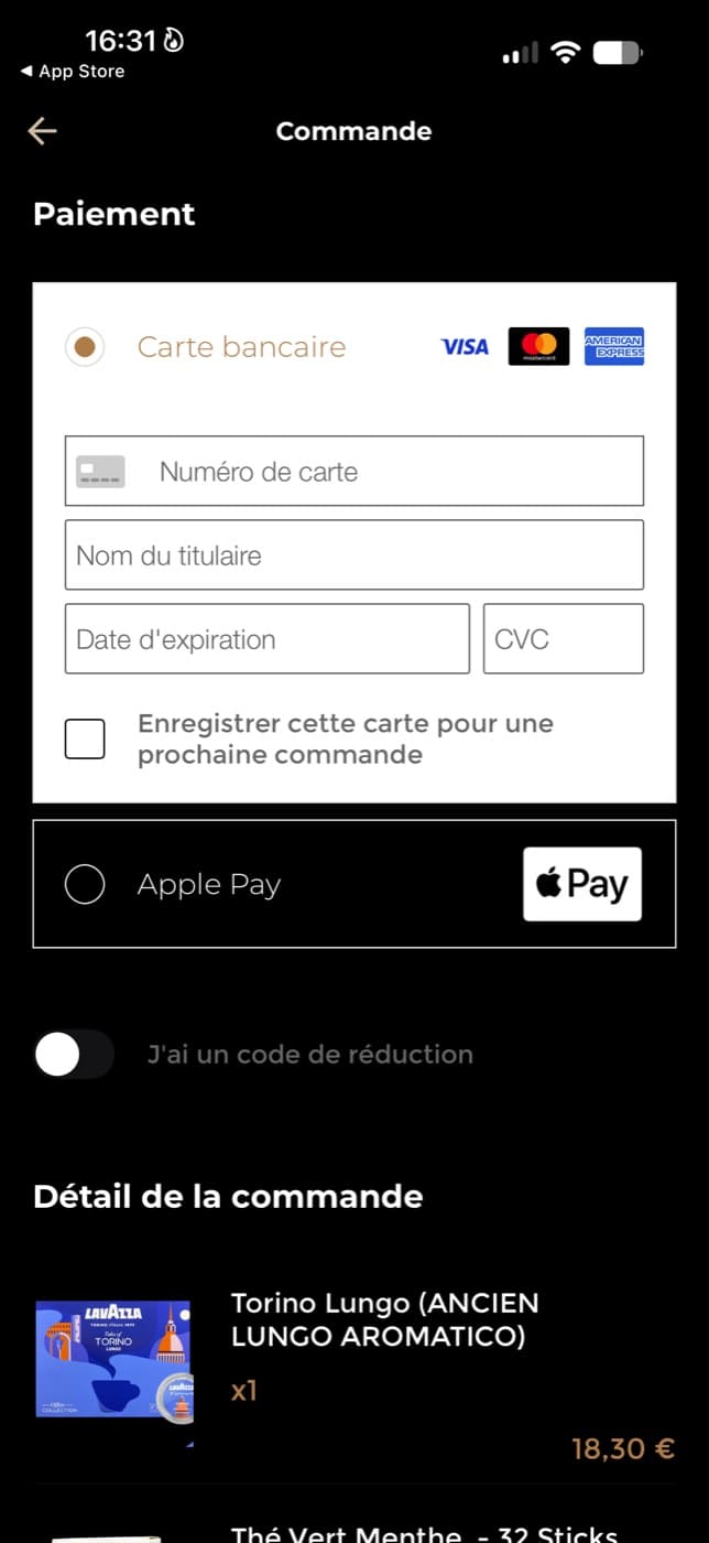 Écran de paiement de l’application Café DIAAM : carte bancaire, Apple Pay et code de réduction
