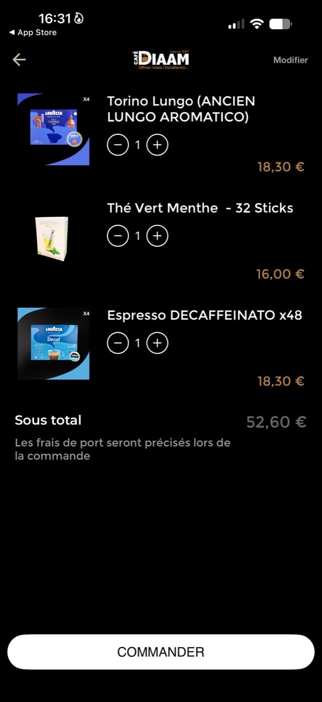 Panier de l’application Café DIAAM avec trois produits et le sous-total