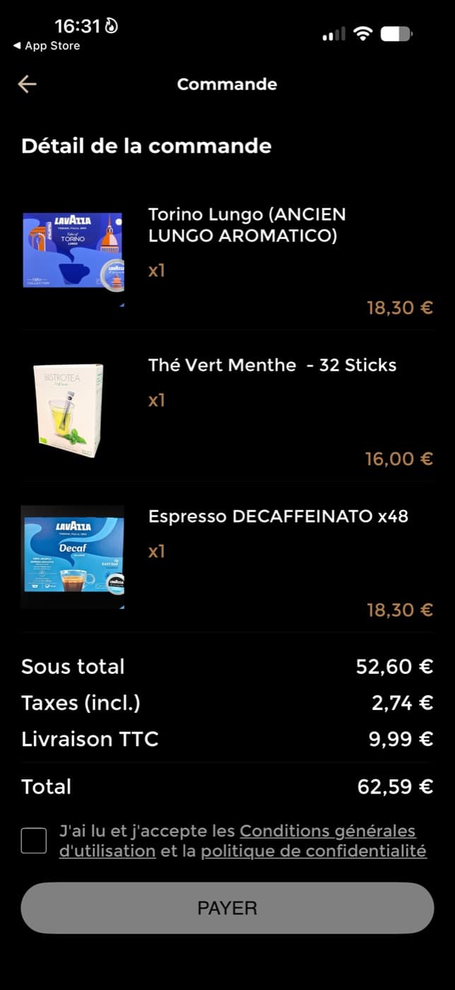 Récapitulatif de commande Café DIAAM : sous-total, taxes, livraison et total à payer