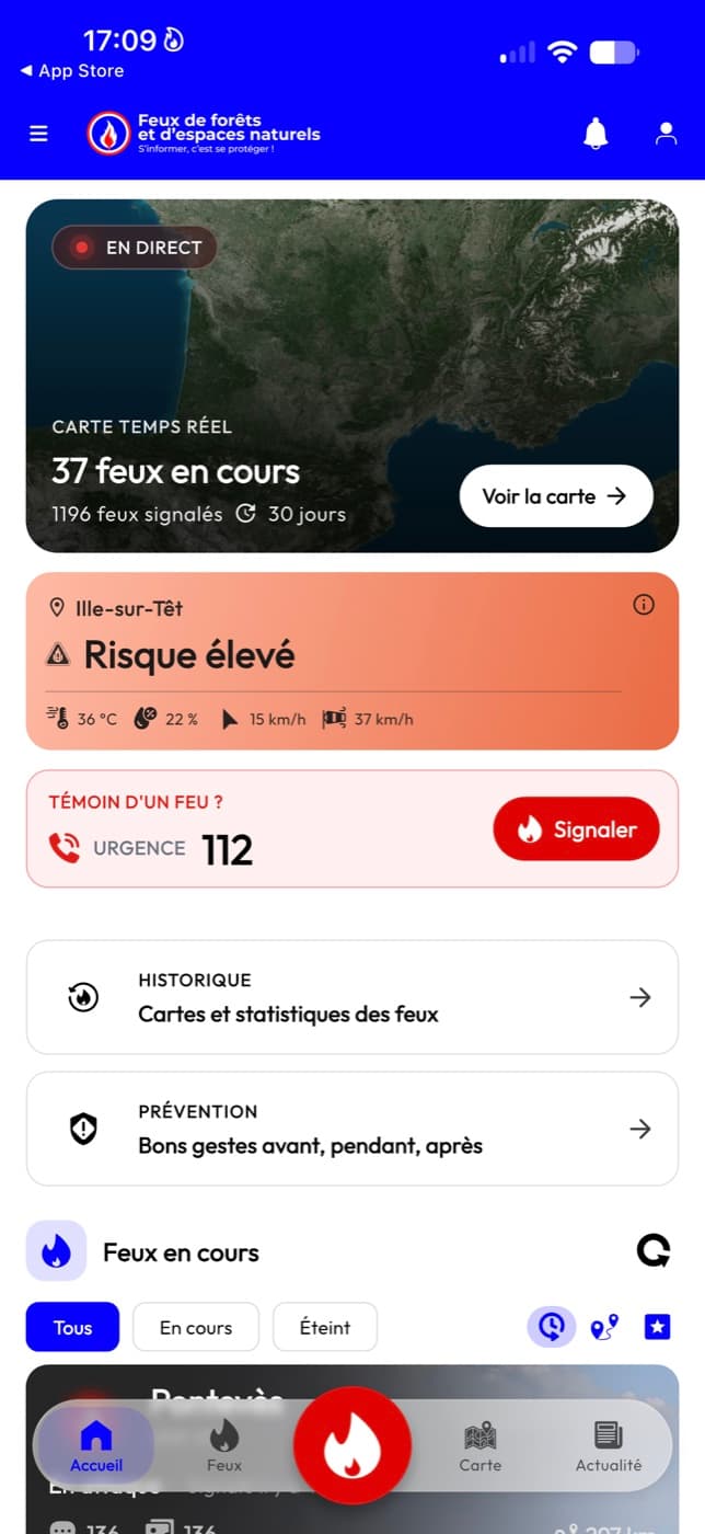 Accueil de l’application Feux de Forêt : carte temps réel, niveau de risque local et bouton de signalement