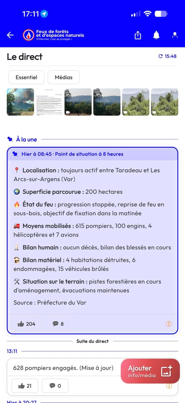 Le direct d’un feu : point de situation détaillé, médias, réactions et bouton d’ajout d’information