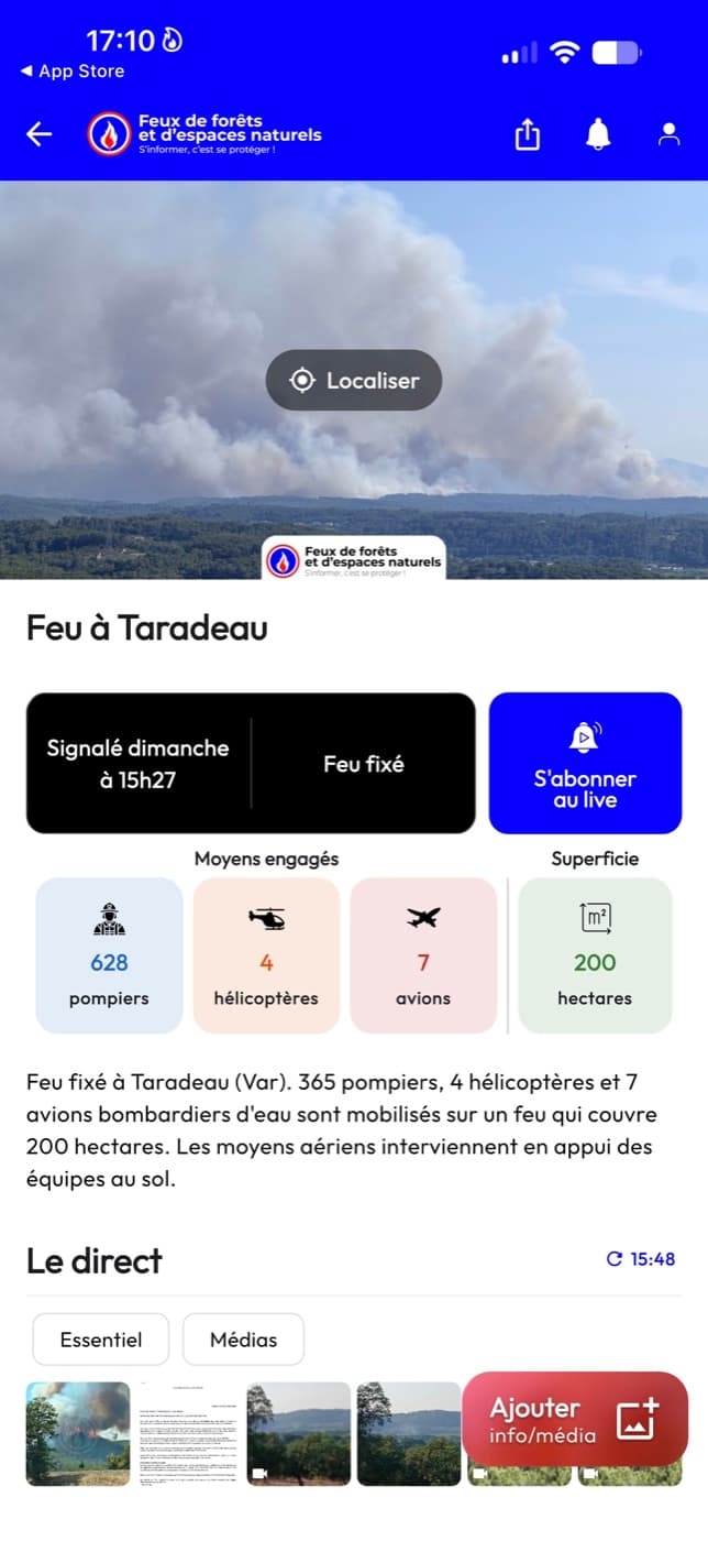 Fiche du feu de Taradeau : statut fixé, 628 pompiers, 4 hélicoptères, 7 avions, 200 hectares