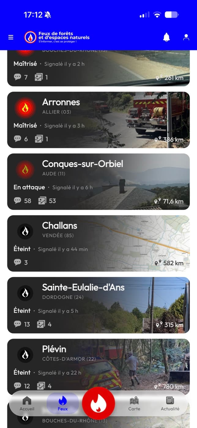 Liste des feux avec statuts, distances et contributions
