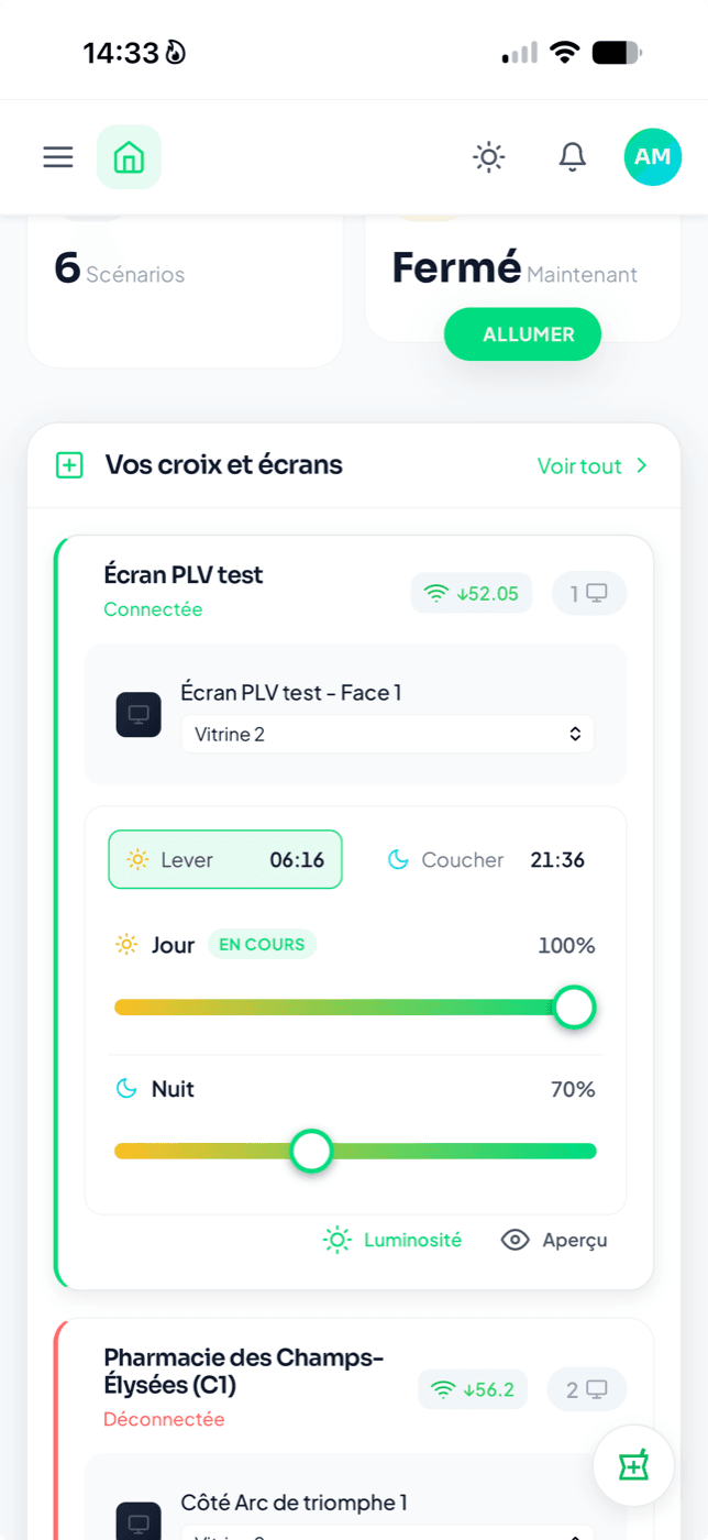Réglage de luminosité Pharmédias : lever 06:16, coucher 21:36, intensité jour 100 % et nuit 70 %