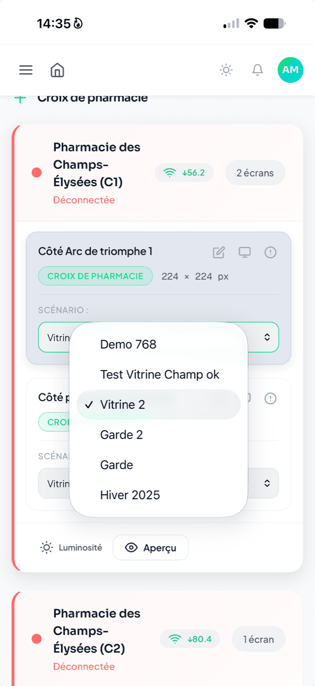 Sélection d’un scénario de croix sur mobile